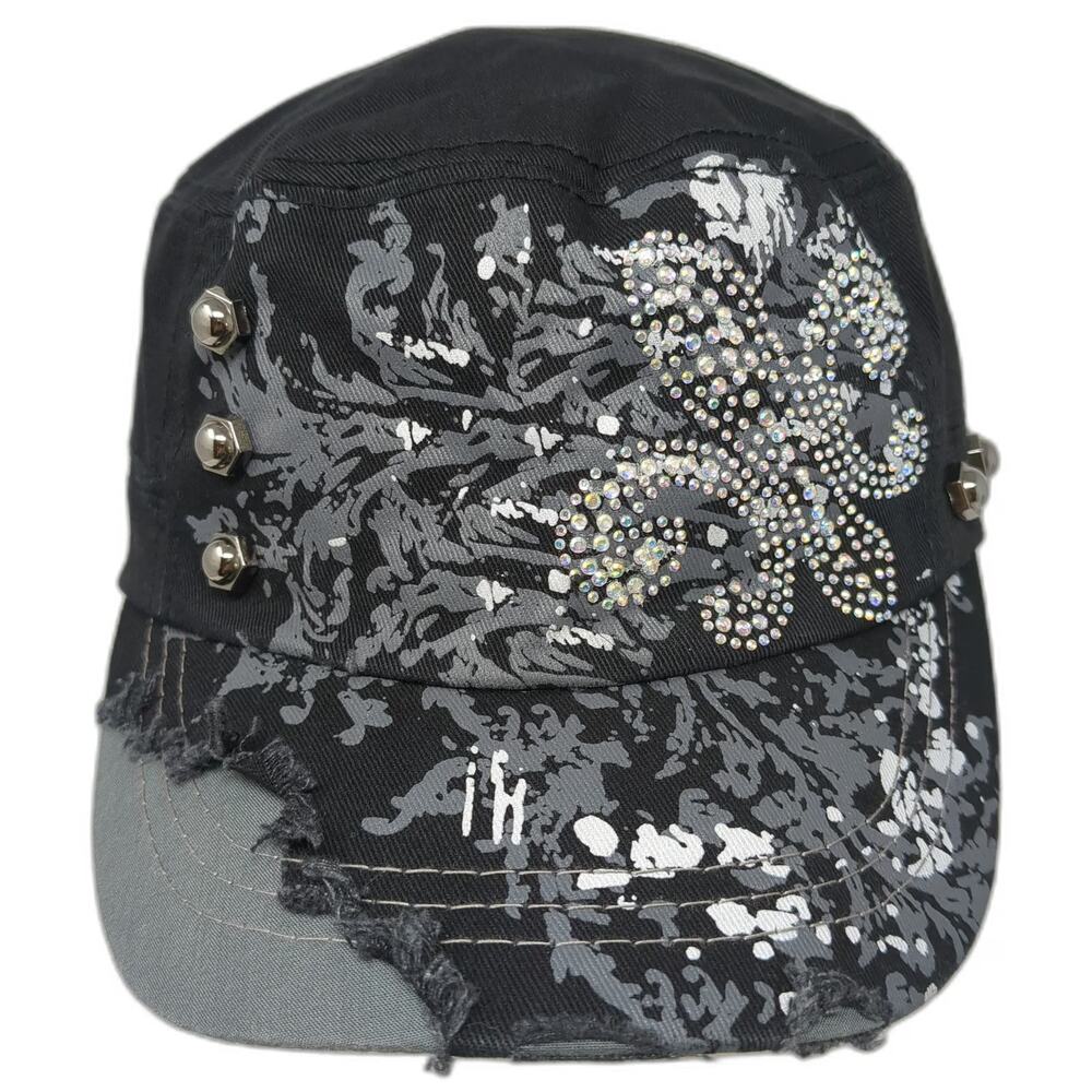 D&Y Army Cap Black One Size Studded Rhinestone Distressed Splatter Floral Hat